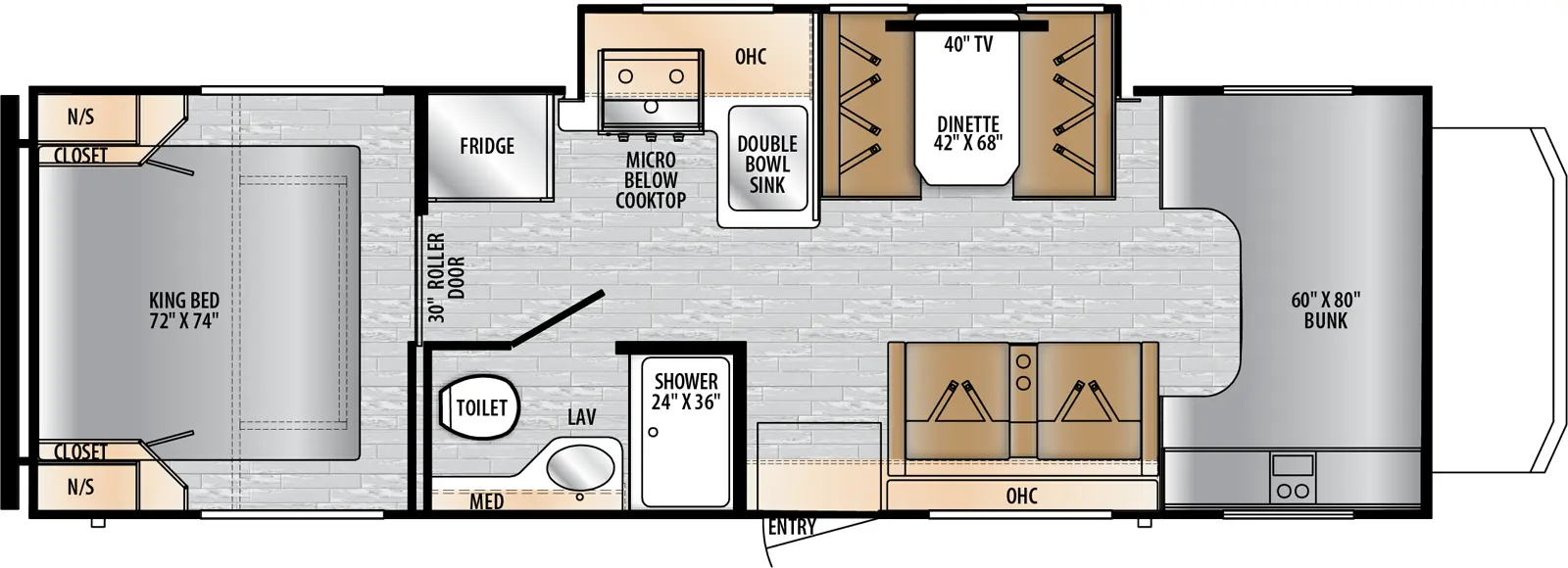 The College Avenue 2801S floorplan has one entry and one slide out. Exterior features include: 15'6" awning. Interiors features include: rear bedroom and bunk over cab.